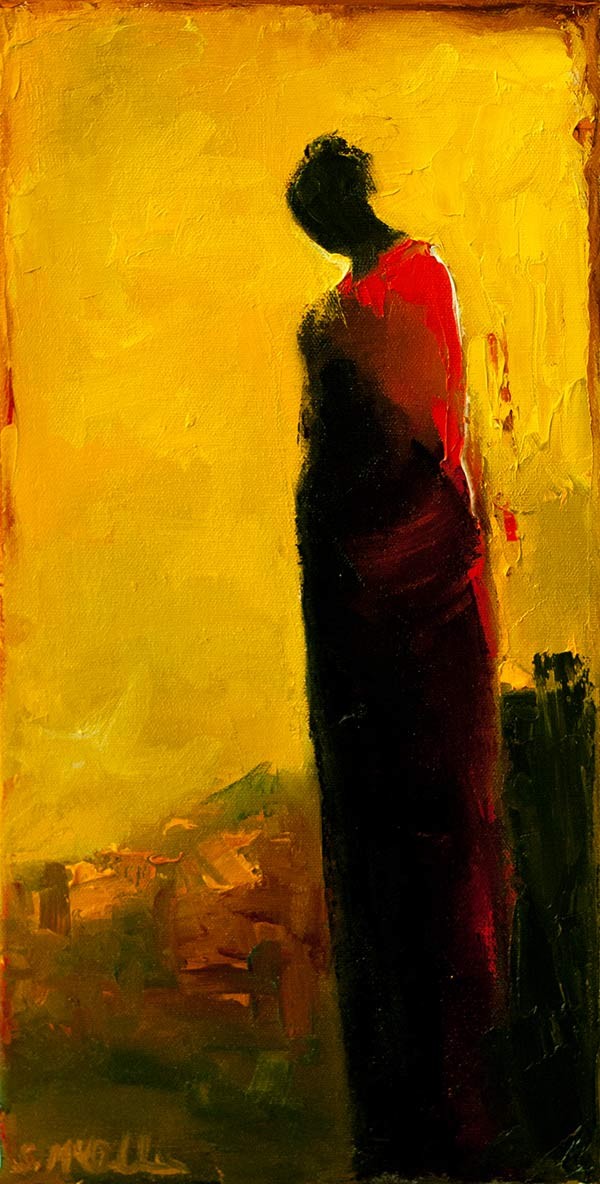 a painting of a woman's silhouette against a golden background