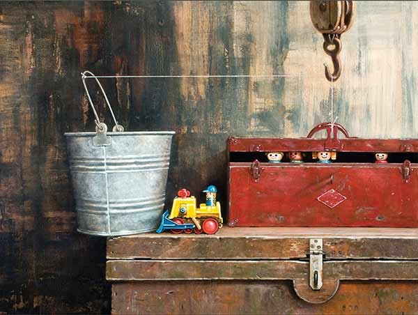 painting of a toolbox full of wooden toys by Richard Hall, titled The Great Escape
