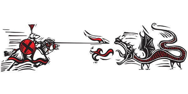 illustration of a knight attacking a dragon with a spear