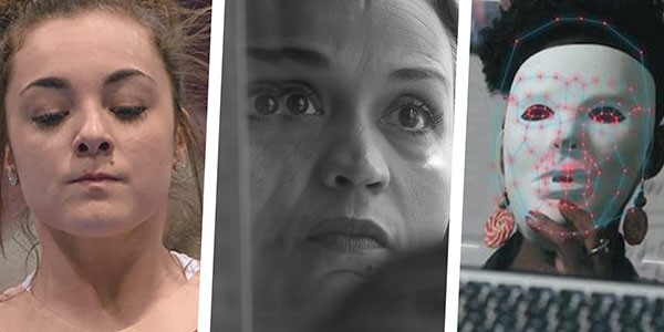 movie stills from the documentaries Athlete A, Time, and Coded Bias showing three women