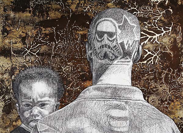 charcoal illustration of a young man and his son