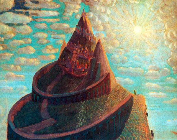 painting of a hilltop city with sun and clouds in a turquoise sky