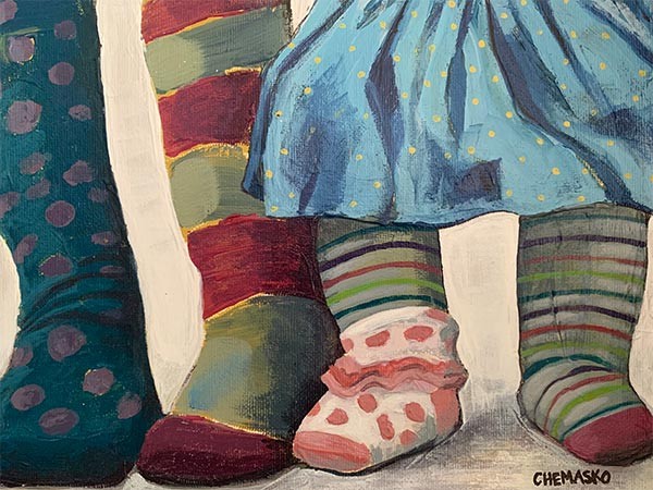 painting of childrens feet wearing mismatched socks