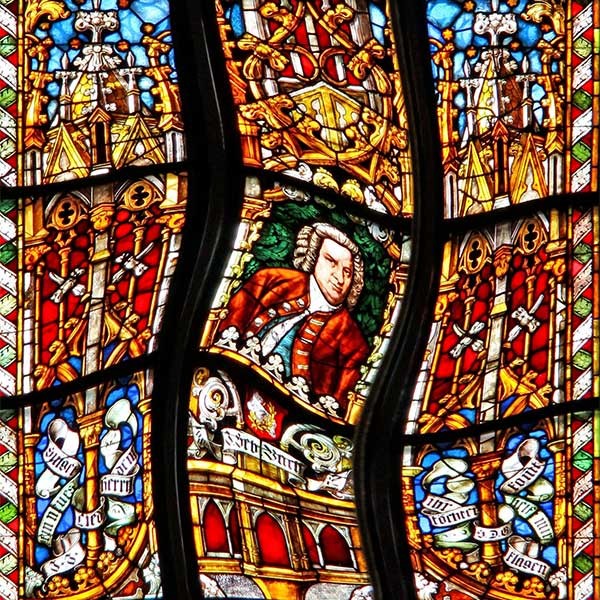 stained glass image of J. S. Bach at the Thomaskirche in Leipzig (modified)