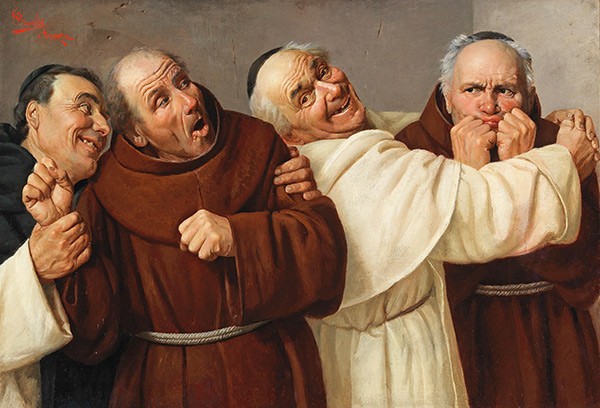 a painting of four monks laughing