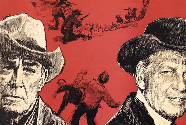 red, black and white illustration of scenes from a Western movie