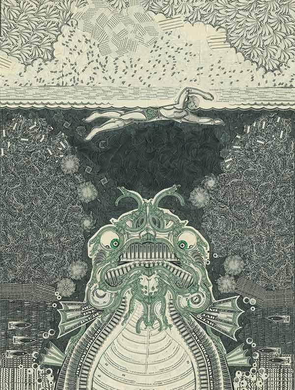 currency collage of a man swimming above an aquatic beast