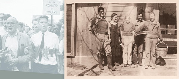 photographs of a protest march and people posing for a photo