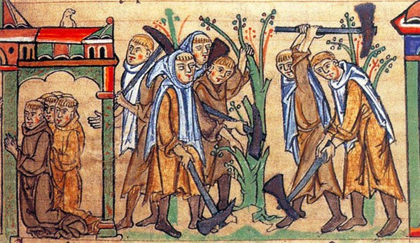 monks chopping a tree with axes