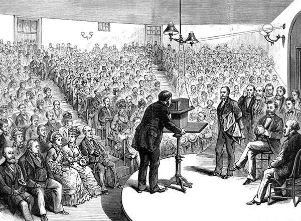 illustration of Alexander Graham Bell demonstrating his experimental telephone