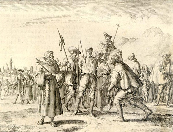 drawing of an Anabaptist surrounded by soldiers