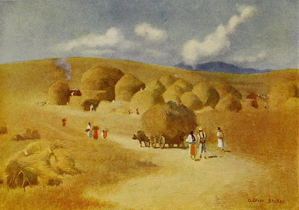 painting of harvest time in Transylvania, 1909