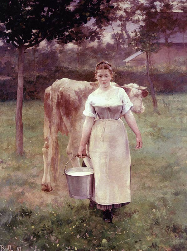 a farm woman carrying a pail of milk