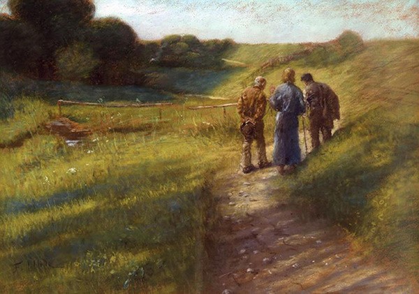 Jesus walking with two disciples on a path