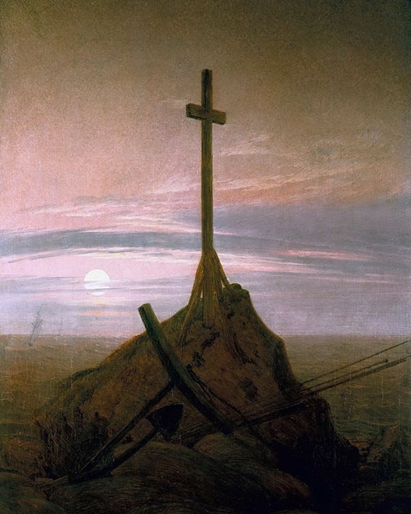 painting of a cross on a mountain