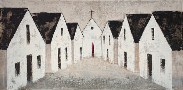painting of a church at the end of a street