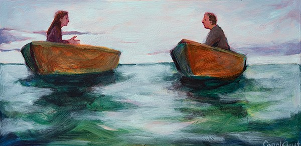 two people talking in boats