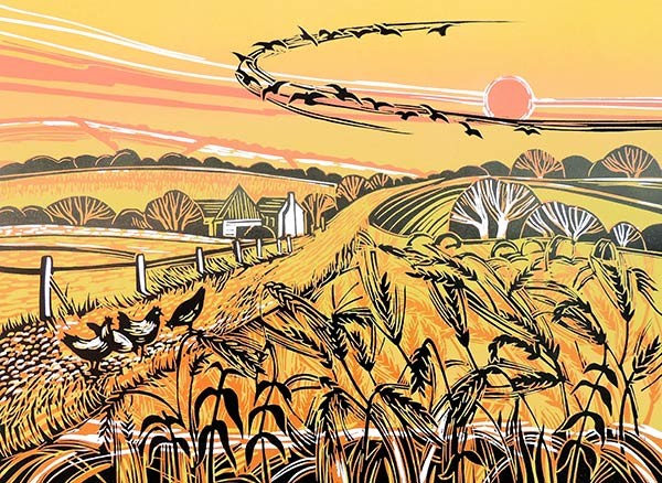 linocut of a harvest field