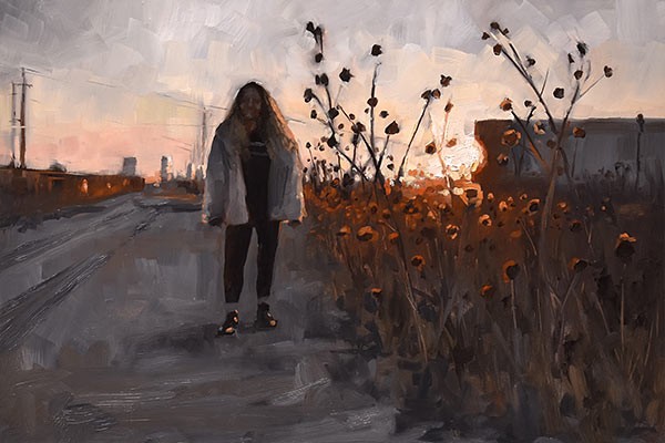 painting of a woman walking on a road near flowers