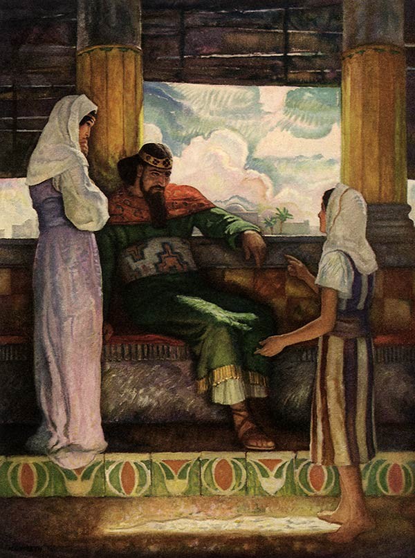 illustration of a slave girl talking to Naaman, an army commander