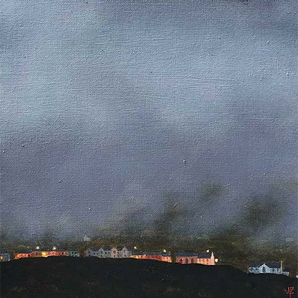 painting of bright houses in the night