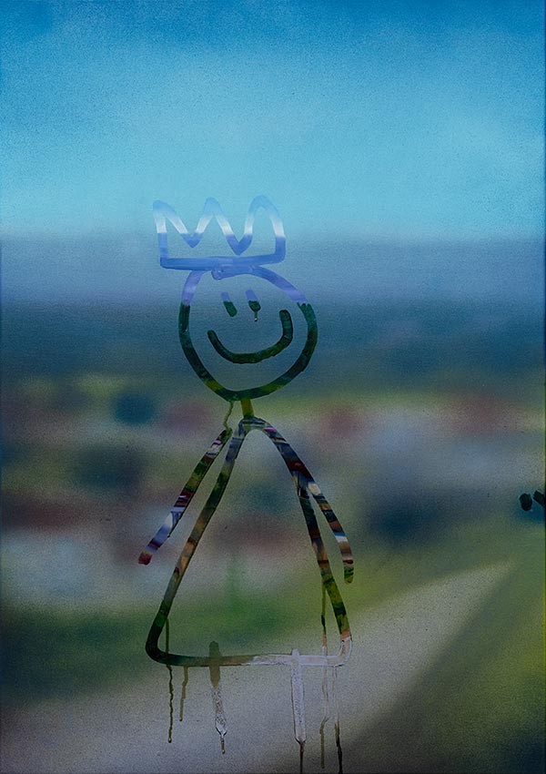 painting of a child's drawing on a foggy windowpane
