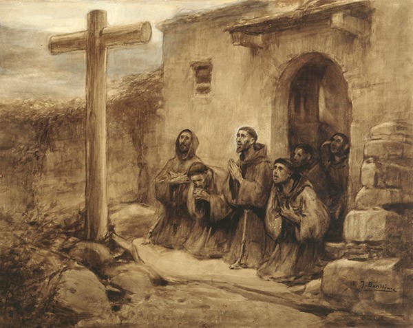 Saint Francis and his brothers pray before the cross