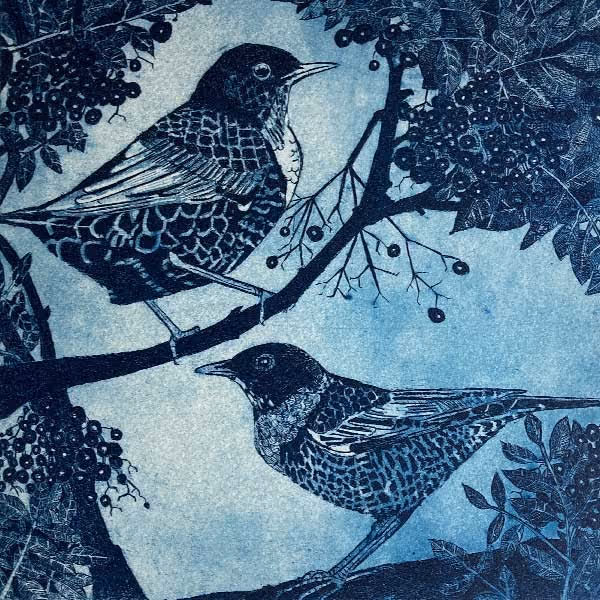 illustration of two birds in branches of a tree