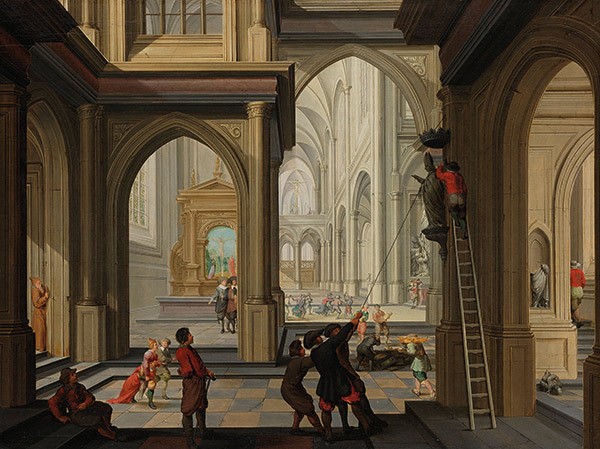 painting of men pulling down an icon in a church