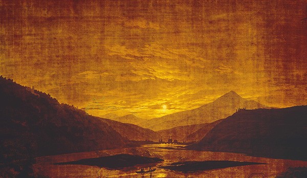 painting of a boat on a river at night