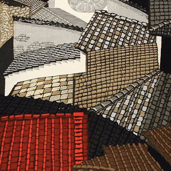 Close-up of an artwork showing various rooftops in shades of brown, gray, black, and red tiles.