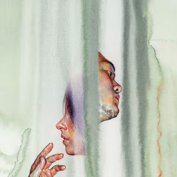 Artistic watercolor of a woman and man's faces in profile, separated by vertical green streaks.