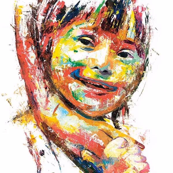 Colorful abstract painting of a smiling child with bright hues of red, yellow, green, and blue on a white background.