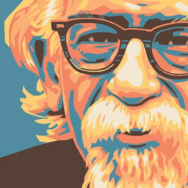Stylized digital portrait of an older man with glasses, white hair, mustache, and beard on a blue background.
