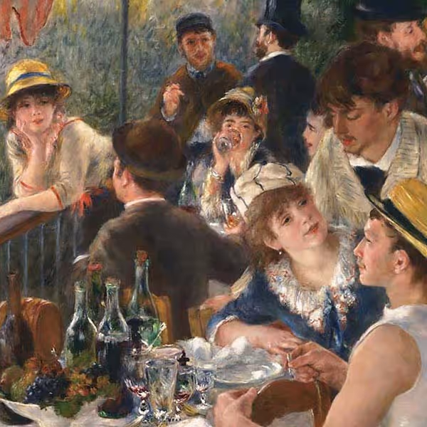 Impressionist painting of a lively group dining outdoors with drinks and fruit on the table.