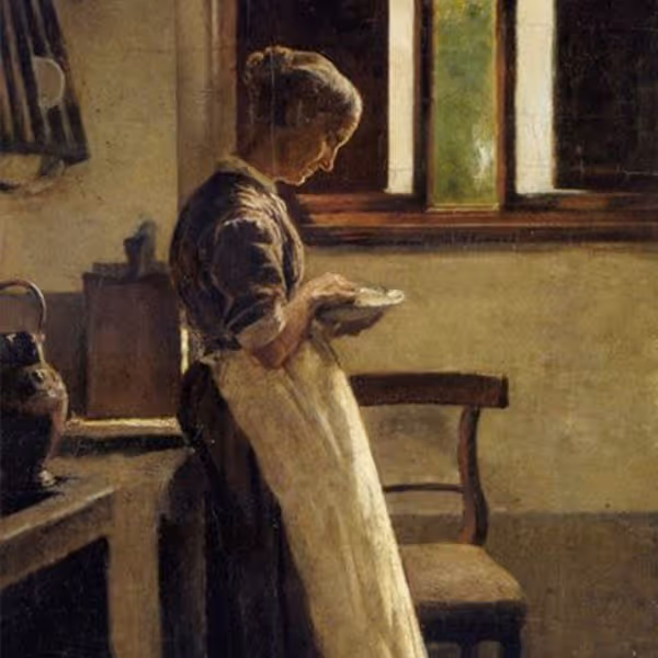 Painting of a woman in a dress and apron standing by a window holding a bowl in a simple room.