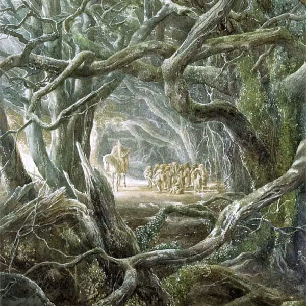 A group of people and a rider on horseback travel through a tunnel formed by twisted tree branches.