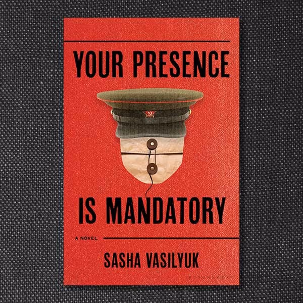 Book cover with a red background featuring a military hat and a face mask, titled 'Your Presence Is Mandatory'.