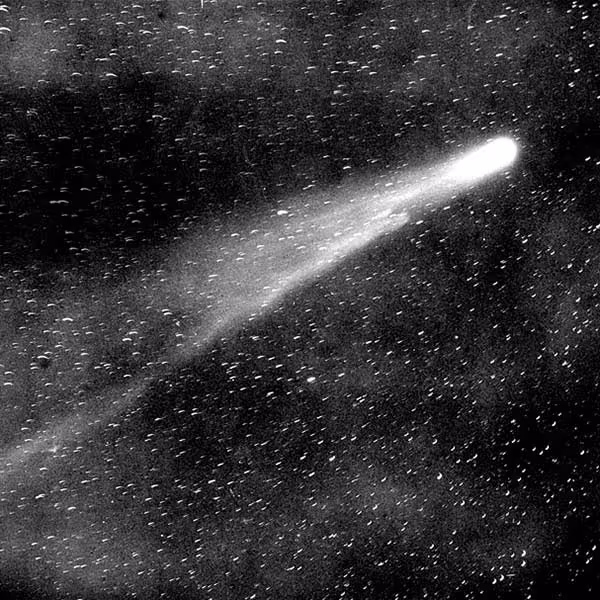 Bright comet with a glowing white head and diffuse tail streaking across a star-filled night sky.