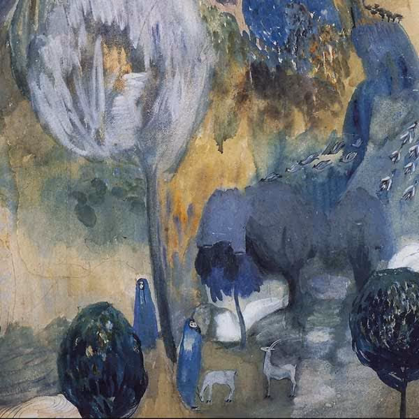 Abstract painting with two blue cloaked figures, two animals, dark trees, and a large white tree.