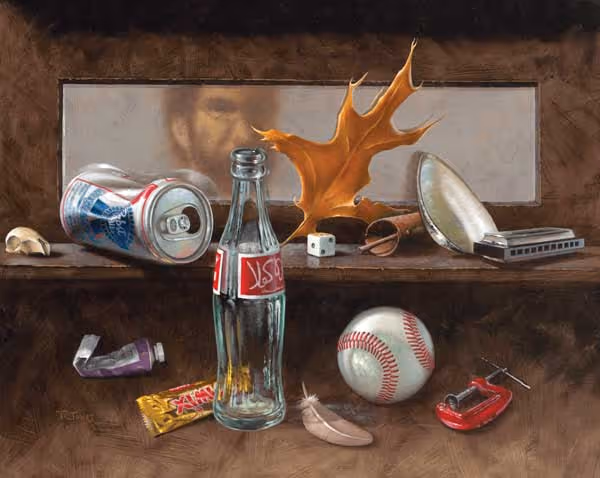 Painting of Curios: Beer can, dice, shell, harmonica, brown leaf