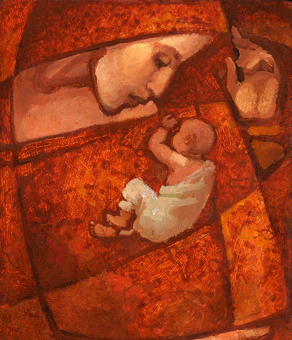 Gemälde einer Mutter und ihres Babys in Orange und Rot