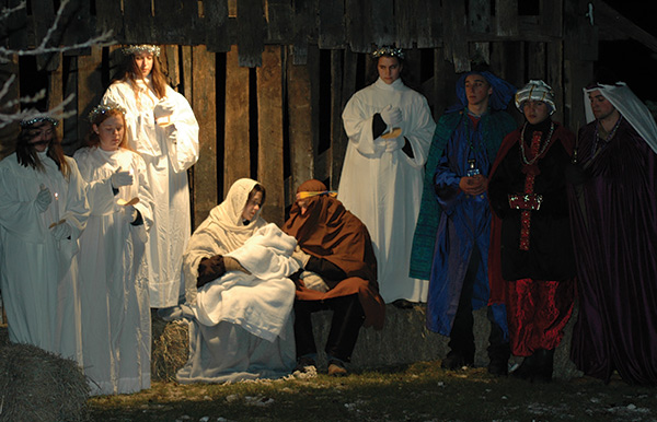 a live Nativity with Joseph and Mary, angels and three kings