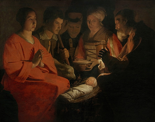 Shepherds adoring Jesus in a manger