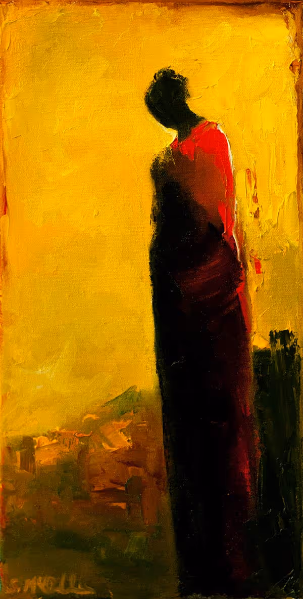 a painting of a woman's silhouette against a golden background
