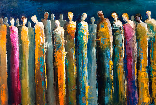 a painting of a crowd of people titled Social Networking