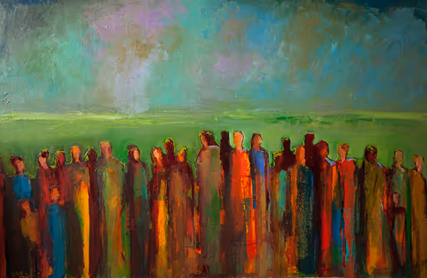 a painting of a crowd of people titled Never Alone