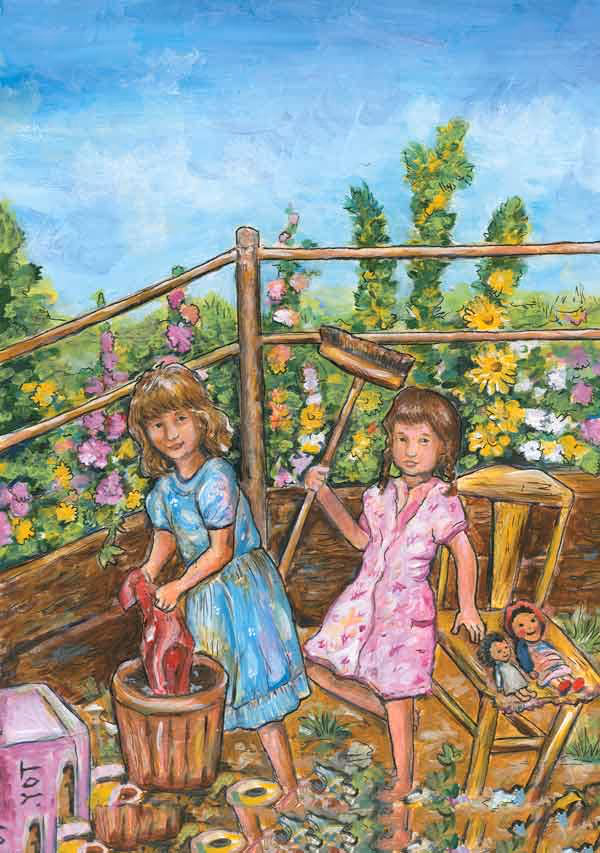 The children sweep and mop.