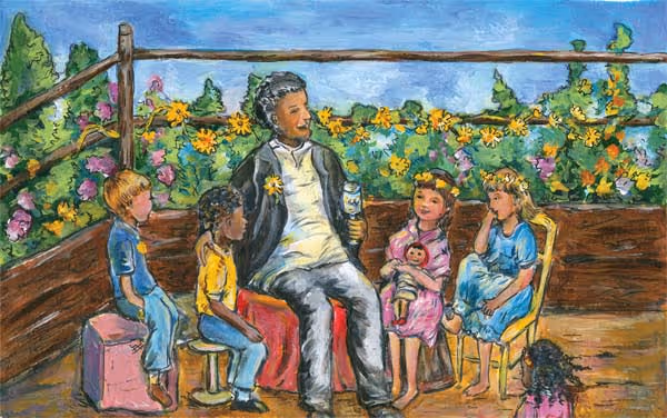 The children make garlands of flowers.