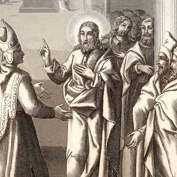 Religious figure with halo speaks gesturing to a bishop and others in a biblical-style engraving.
